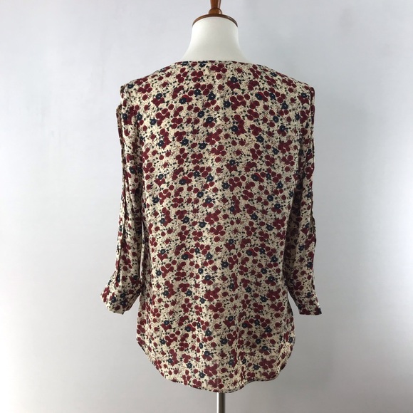 DR2 Cream Red Blue Floral Print Long Sleeve Notch Neck Blouse Size M - Picture 4 of 15